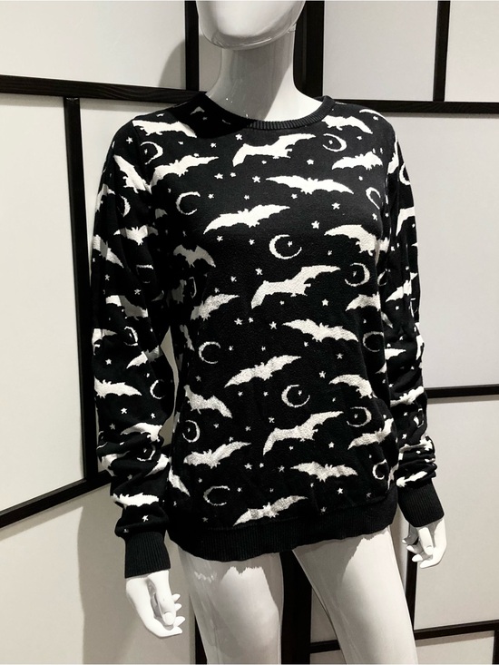 Killstar Sweaters - Killstar Black Crewneck Sweater with White Bat & Moon Pattern